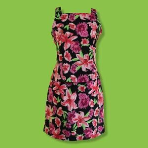 Vintage Fashion Bug Black Pink Purple Green Floral 2 Piece Dress Set, 6